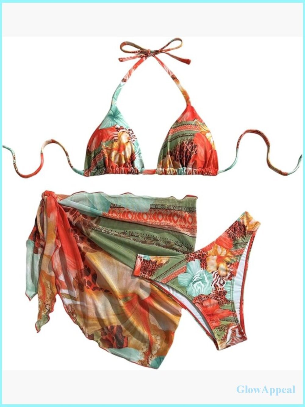 3 Piece Boho Bikini Set with Cover Up Skirt Full Coverage Halter Triangle